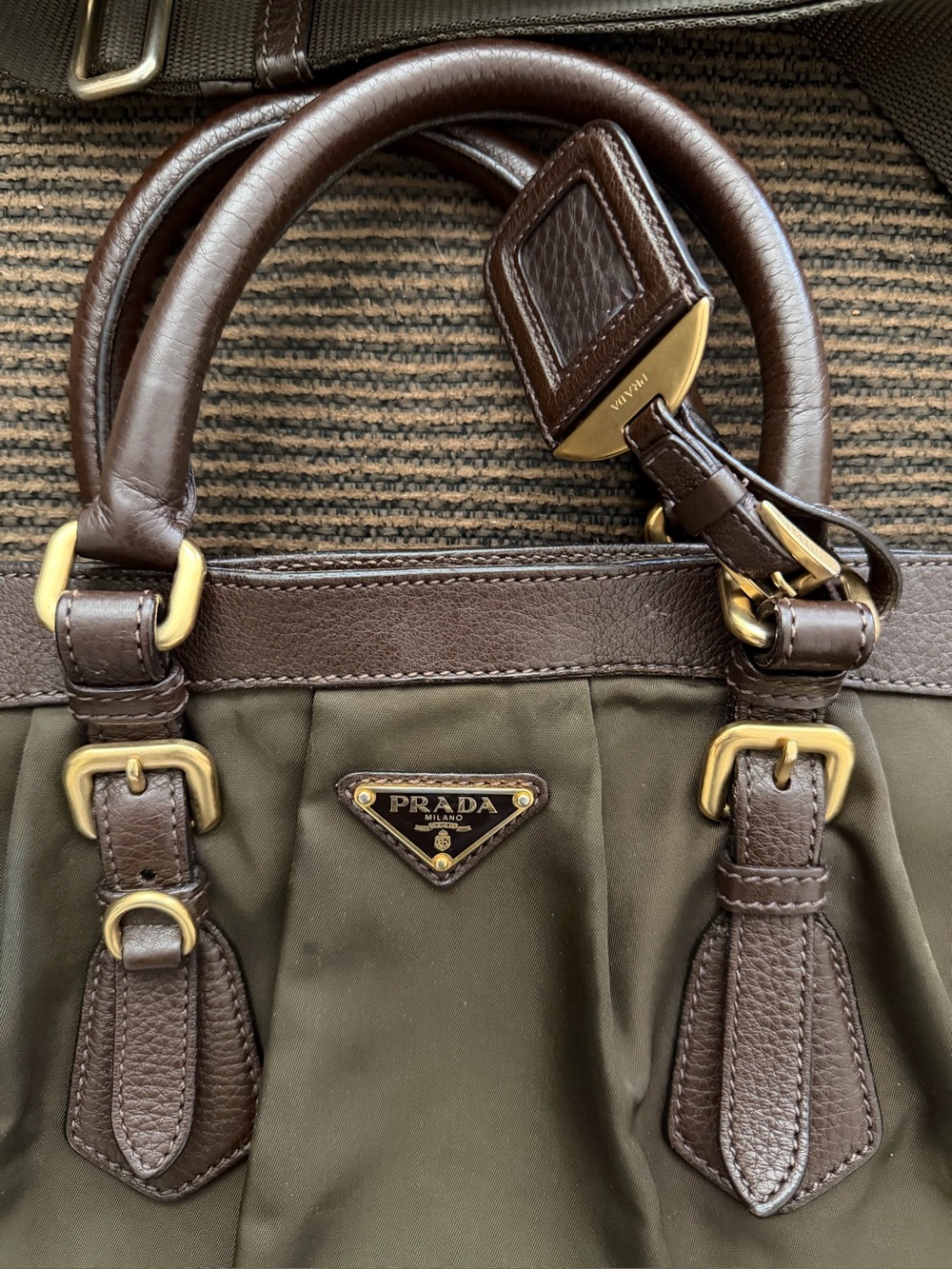 Vintage Dark Olive-Brown Prada Cervo-Trimmed Tessuto Handle Bag - Picture 2 of 15
